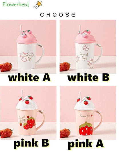 Strawberry themed tumbler mugs, white and pink variants with Sweet life and strawberry graphics