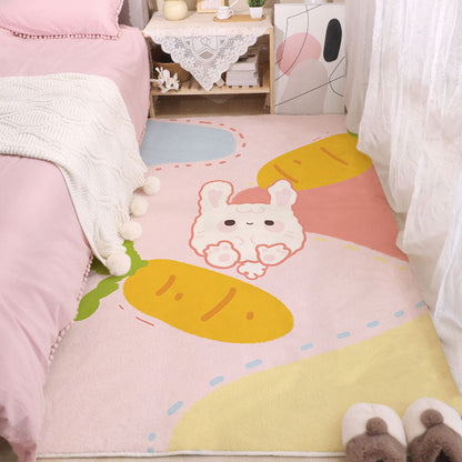 Cute bunny area rug with pastel colors, including pink bunny and yellow shapes.