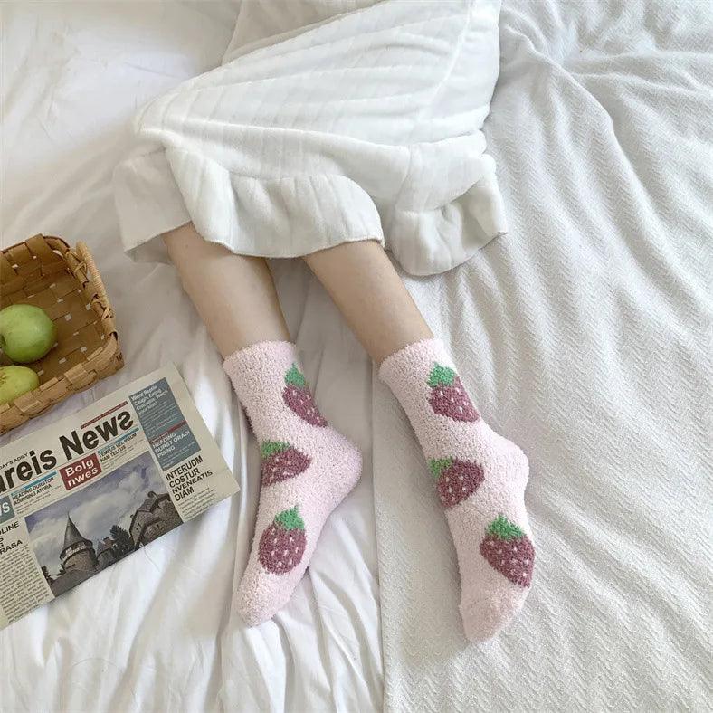 Plush sleeping socks, light pink with red berry-style heart prints