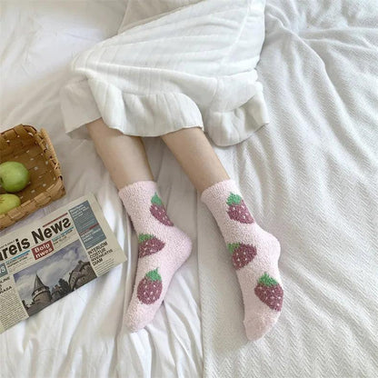Plush sleeping socks, light pink with red berry-style heart prints