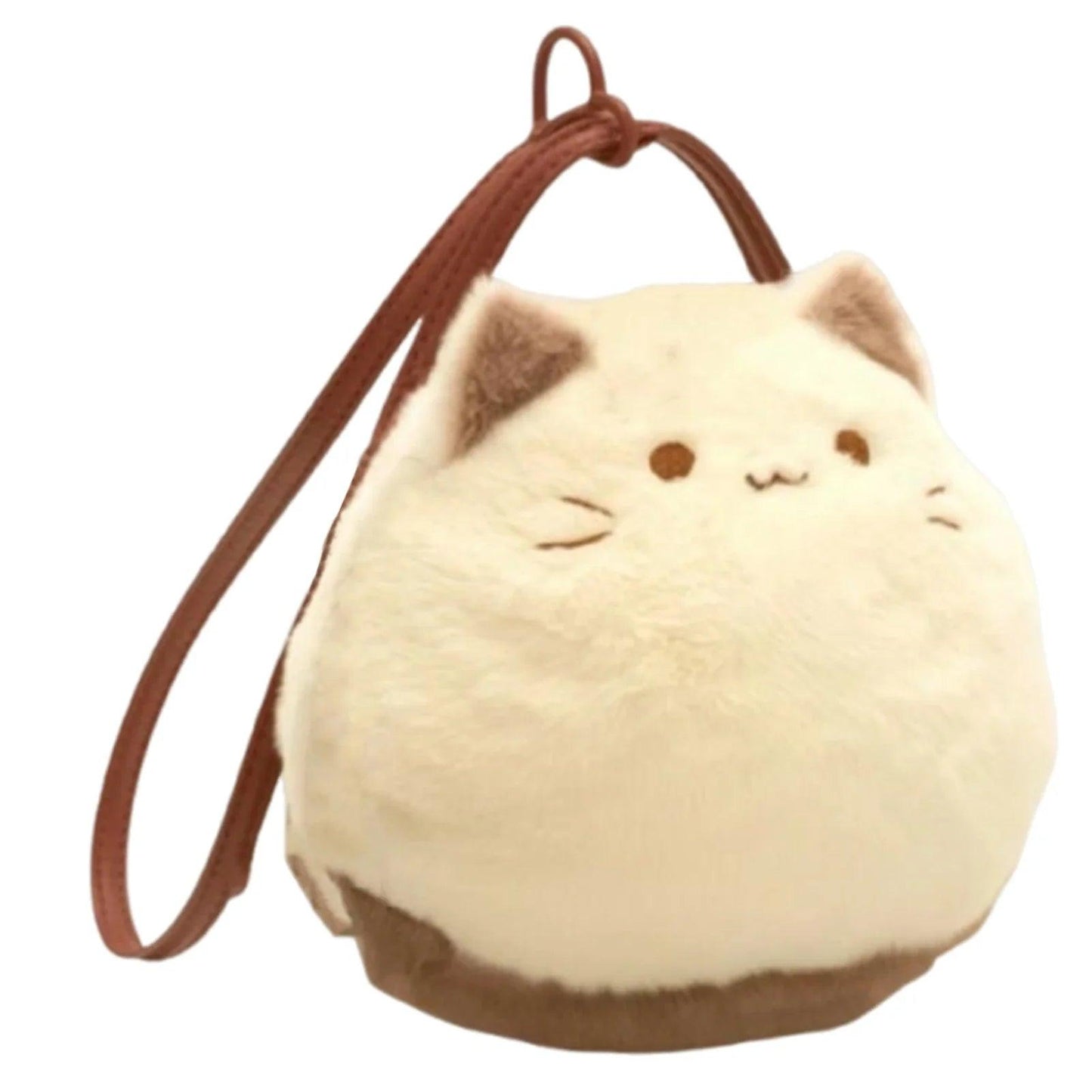 Cream cat plush mini handbag with brown handle and side profile face applique.