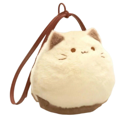 Cream cat plush mini handbag with brown handle and side profile face applique.