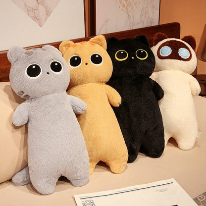 Cat plush body pillow set with gray, tan, black, and cream cat designs