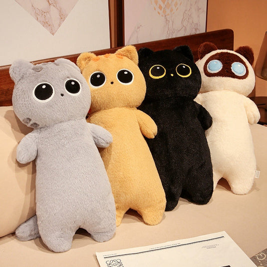 Cat plush body pillow set with gray, tan, black, and cream cat designs
