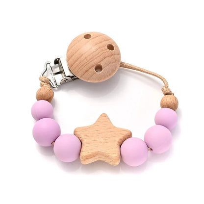 Baby pacifier clip teether chain with wooden star charm and lavender silicone beads