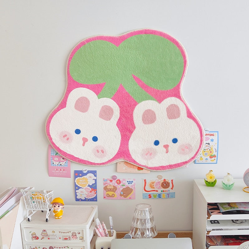Heart-shaped green and pink area rug with two cute bunny faces