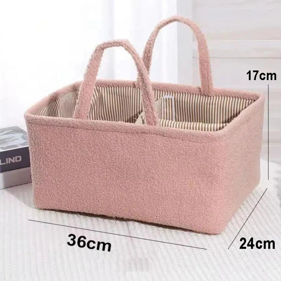 Pink diaper caddy organizer bag with 3 compartments; size 36x24x17 cm