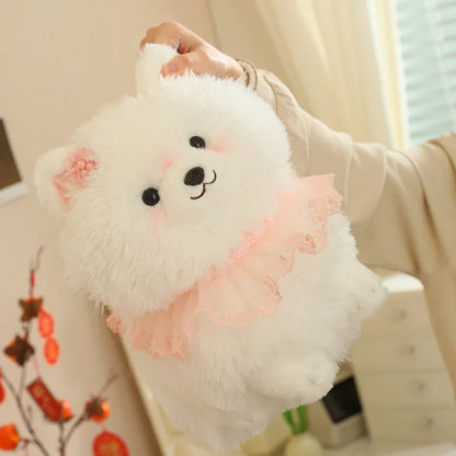 Kawaii Pretty Pomeranian Plushie – Fluffy White Dog with Pink Ruffle Collar | 31cm, 37cm & 52cm