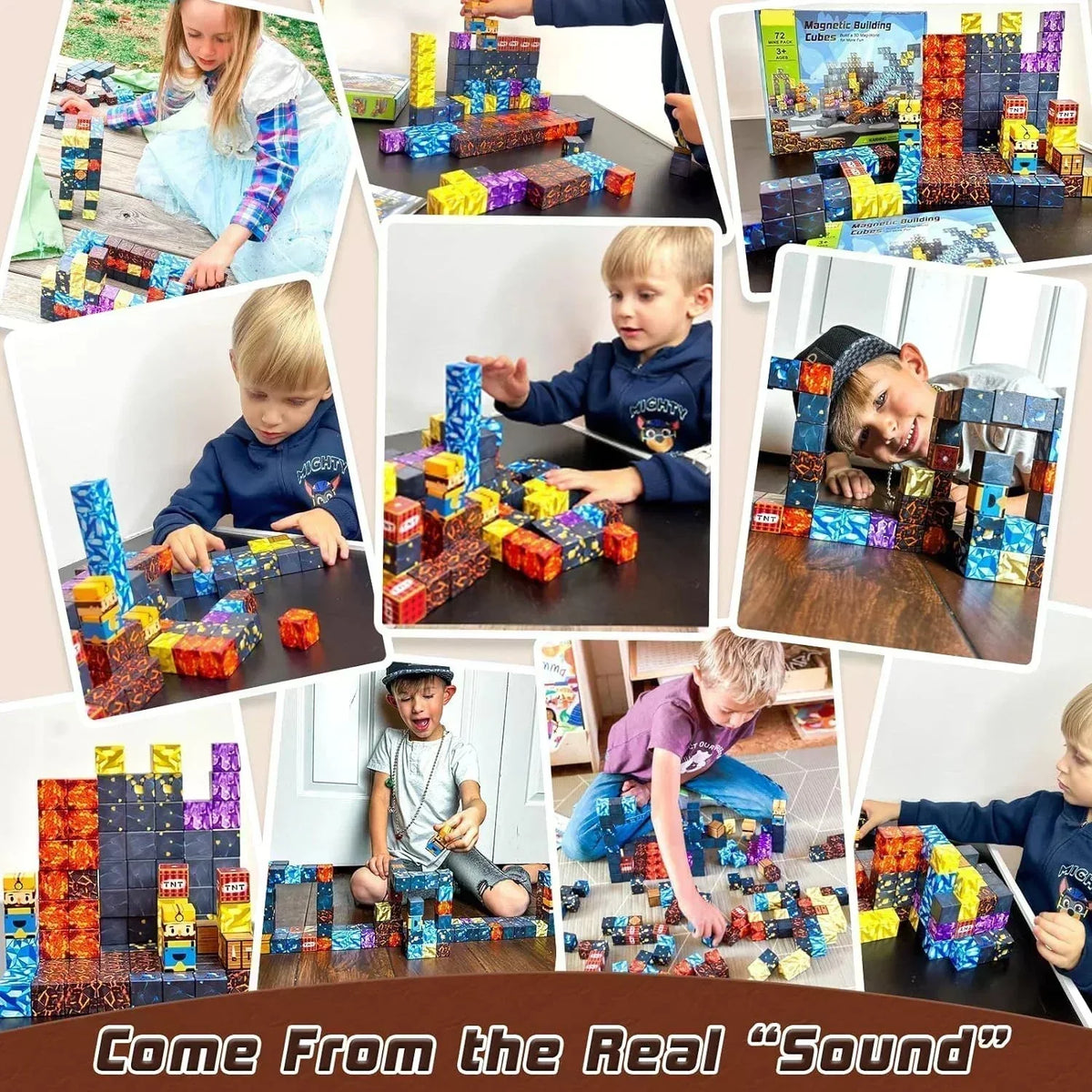 Children building with magnetic cube blocks, multiple colorful cube structures on floors