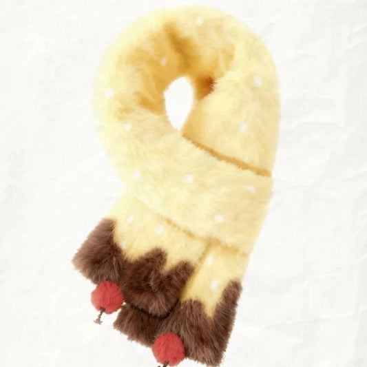 Plush scarf in yellow with brown bottom section and red pom-pom accents
