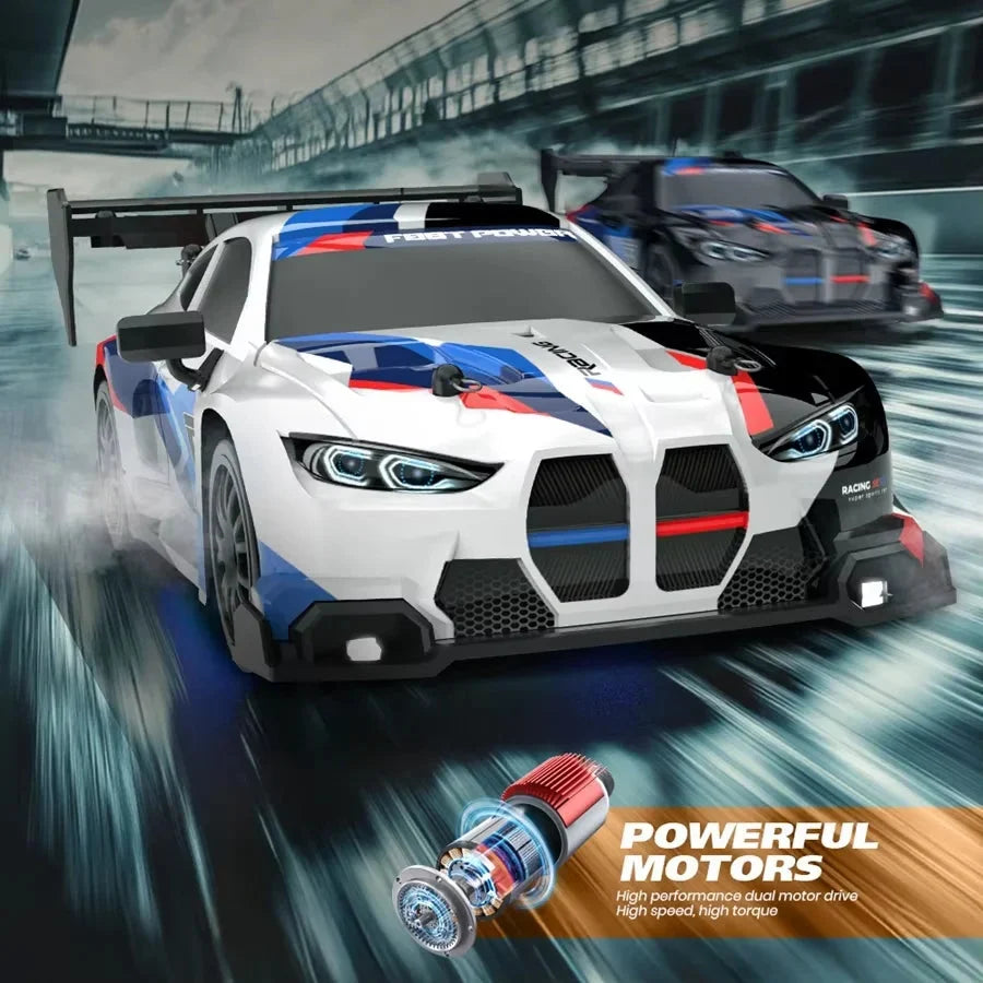 White, blue, and red 4WD RC drift car with rear wing and front LED lights
