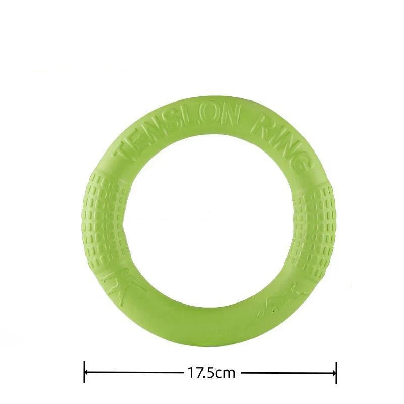 Durable dog ring toy, light green textured rubber ring, 17.5 cm diameter
