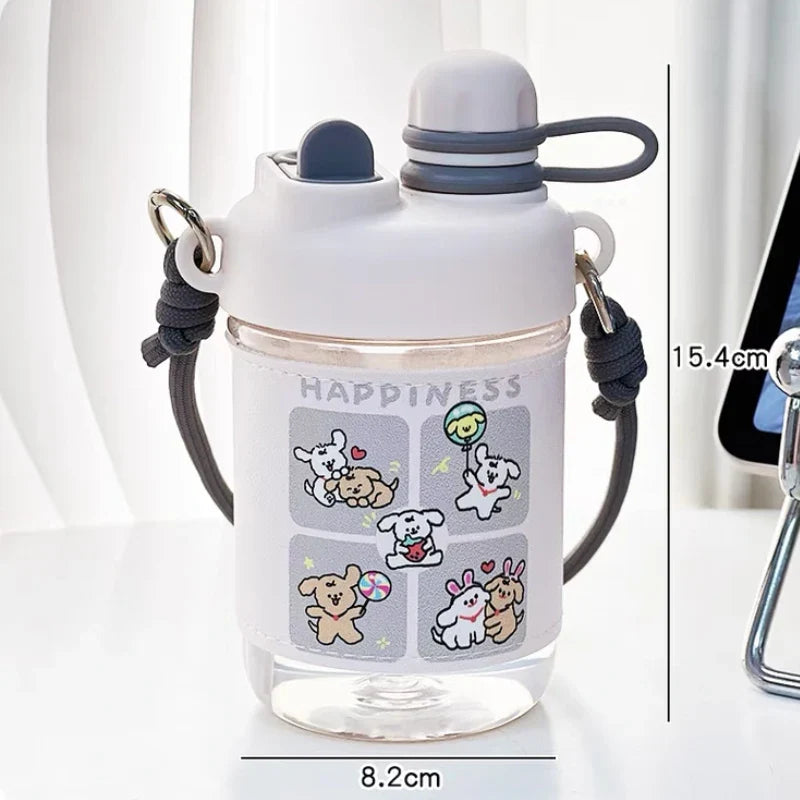 White animal water bottle with straw, carry strap, and “HAPPINESS” animal graphics