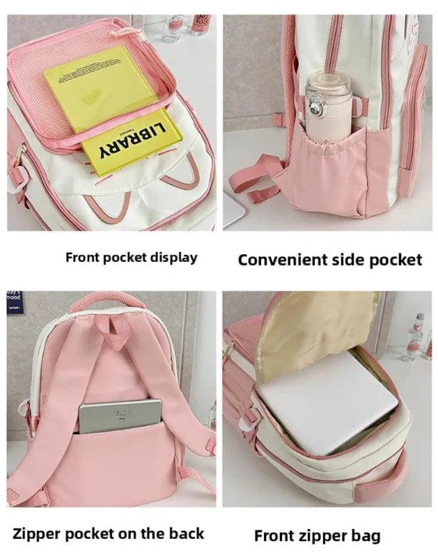 Pink mini cat-ear backpack with front mesh compartment, side pocket, and zipper pockets