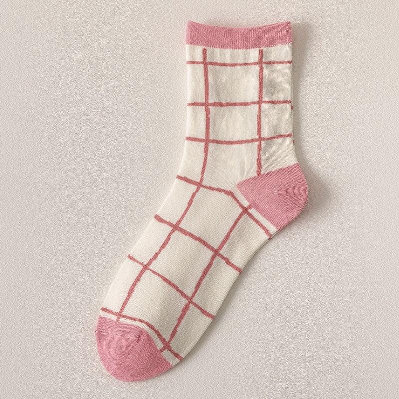 White plaid socks with red grid and pink toe