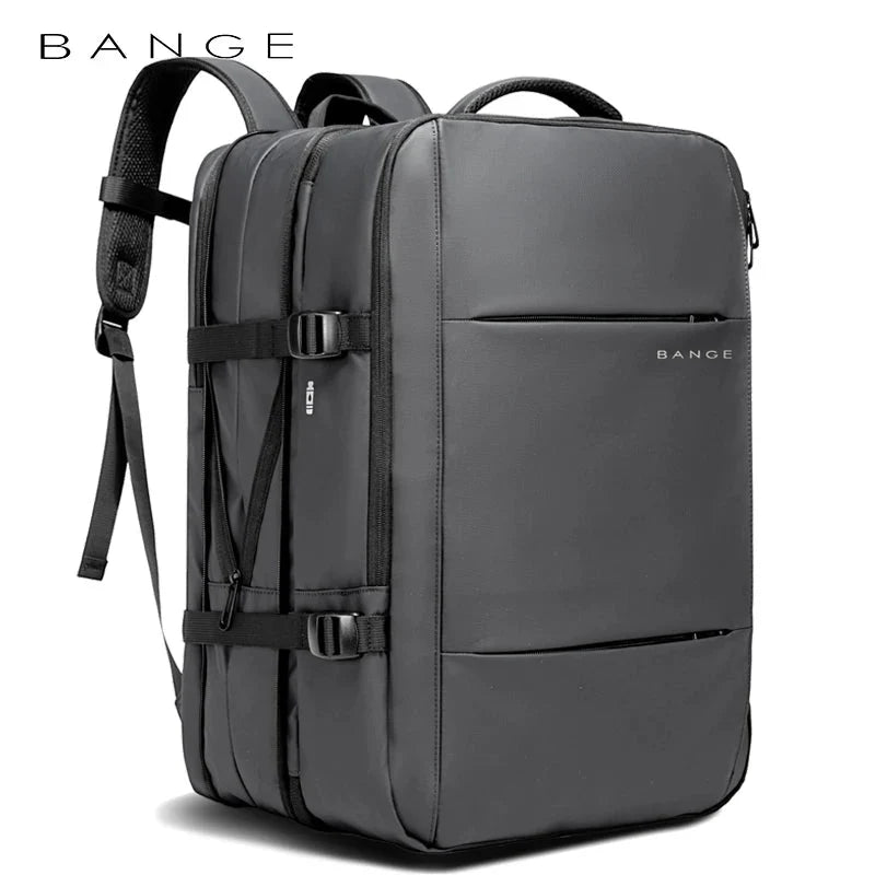 Grey expandable business backpack with front organizer pocket and padded shoulder straps