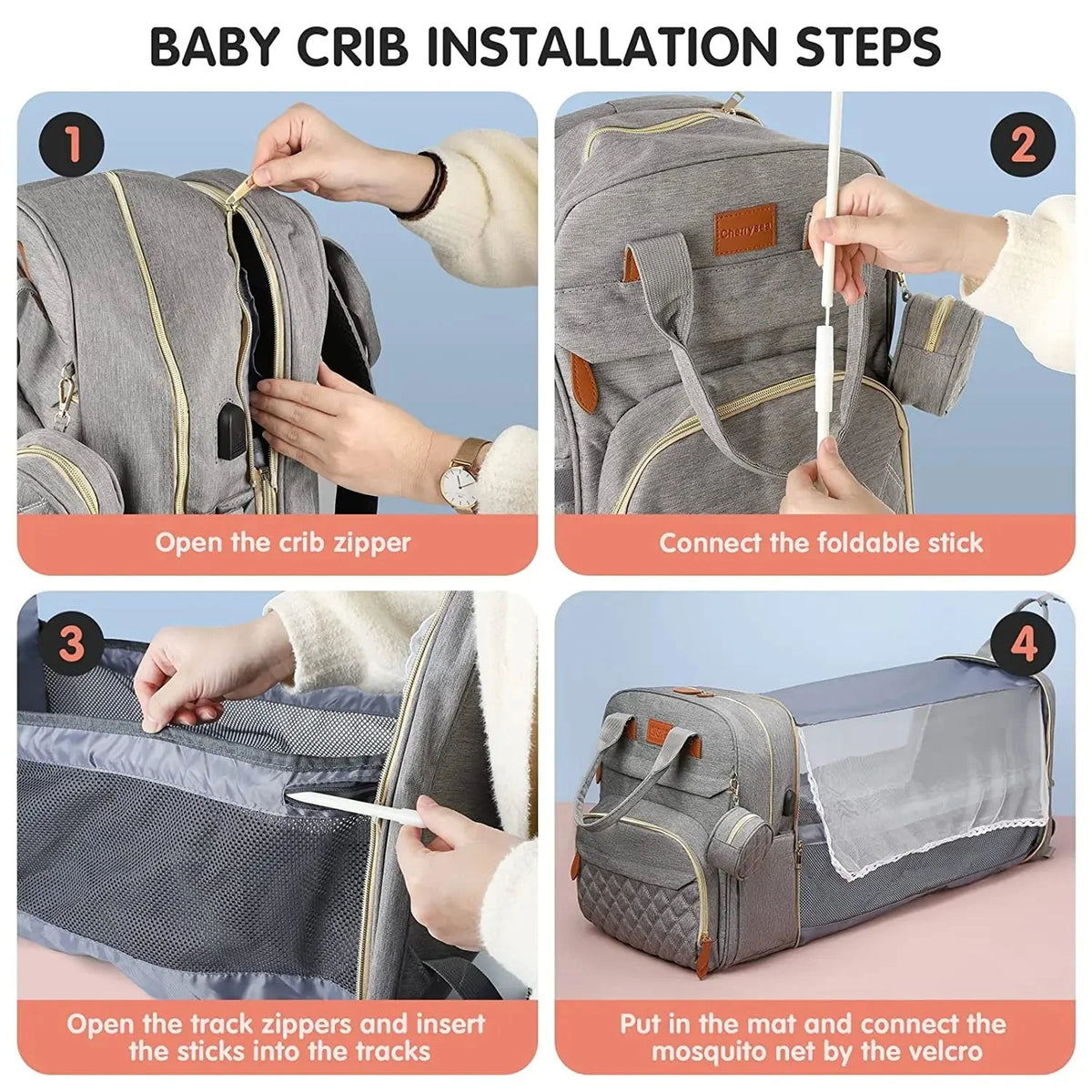 Gray diaper bag backpack with foldable baby bed, showing zipper opening and track insertion.