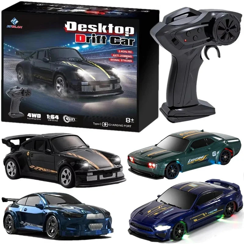 1:64 desktop drift RC car set with controller and black, blue, and teal mini cars