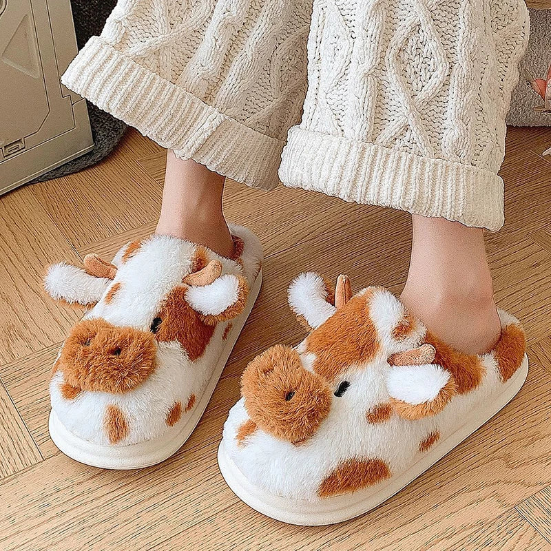 Cute Cow Slippers | Cozy Faux Fur House Shoes | Sizes 36–45
