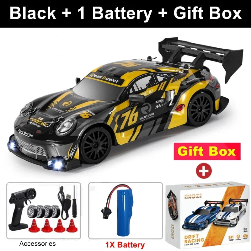 Black and yellow RC drift racing car with black rear wing, 4x4 off-road style