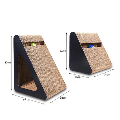Triangular cat scratcher size diagram: 37cm height, 24cm width, top ball compartment