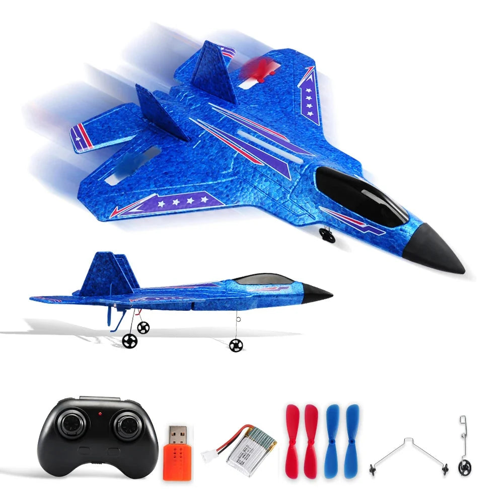 Blue RC foam glider airplane with lights and landing wheels