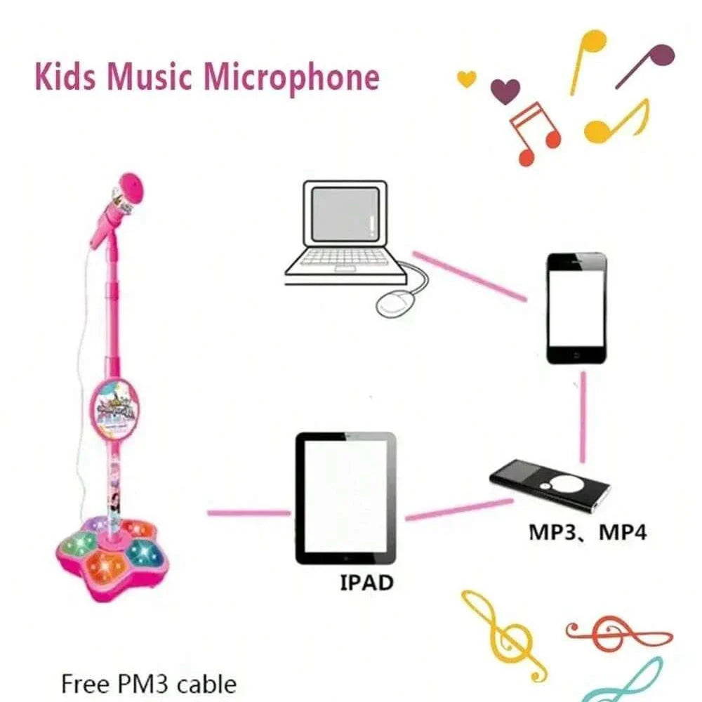 Kids music microphone stand toy, pink stand with audio accessories and device holder icons