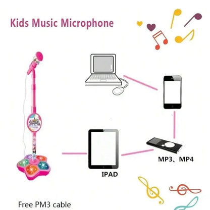 Kids music microphone stand toy, pink stand with audio accessories and device holder icons