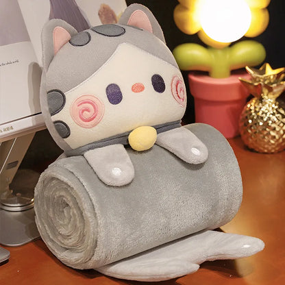 Light grey cat pillow blanket roll with curled blanket edge and plush character face