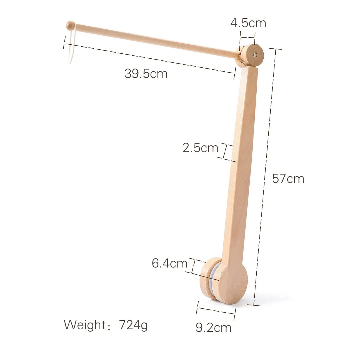 Wooden crib mobile holder frame with rounded attachment points and side bracket