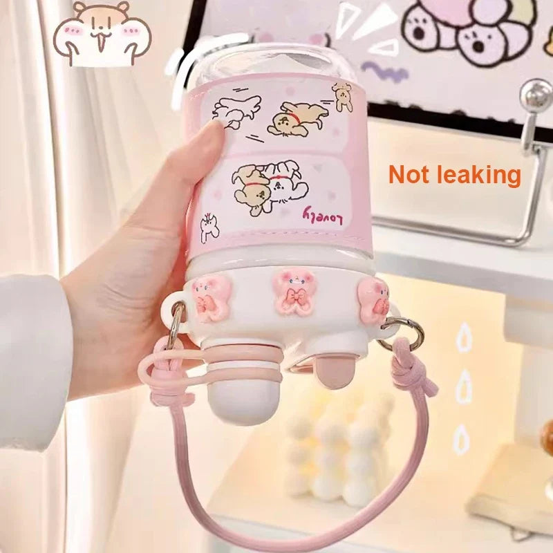 Pink kids water bottle with straw lid and loop carry strap, cute animal cartoon graphic