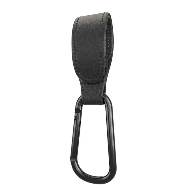 Black PU stroller bag hanger strap with black metal S hook and stitched edging
