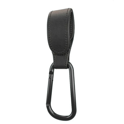 Black PU stroller bag hanger strap with black metal S hook and stitched edging