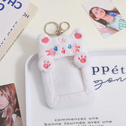 White plush animal photo card holder keychain with key ring and stitched photo window