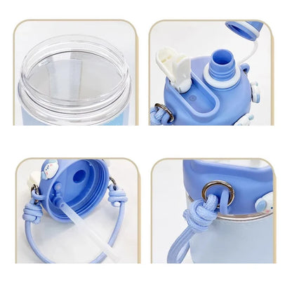 Blue water bottle close-up showing straw, lid, and carry strap with metal rings