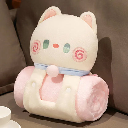 White and pink cat pillow blanket roll with pastel face hood and blue neck tie