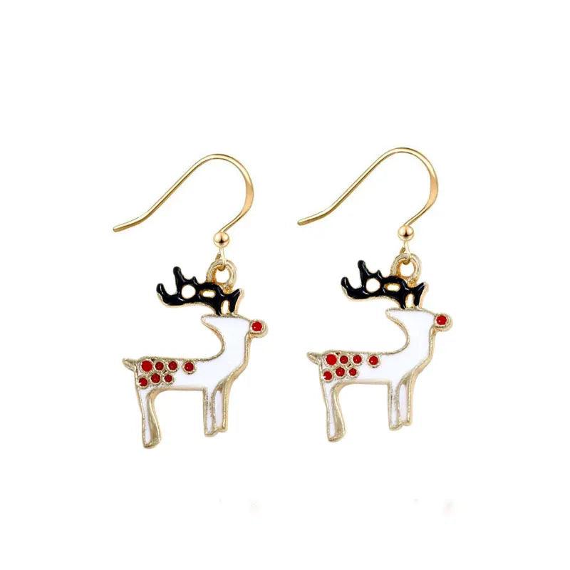 Reindeer drop earrings with gold hooks and red-studded antler and body charm