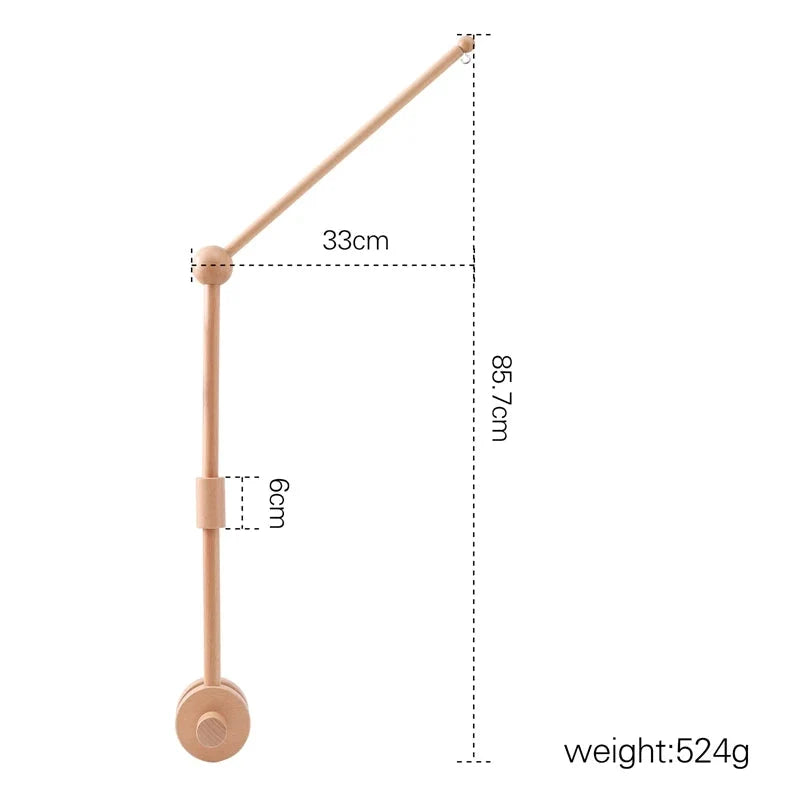 Wooden mobile support arm with hanging ring; labeled dimensions and weight