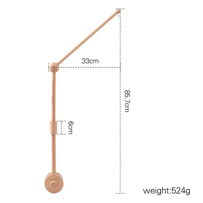 Wooden mobile support arm with hanging ring; labeled dimensions and weight