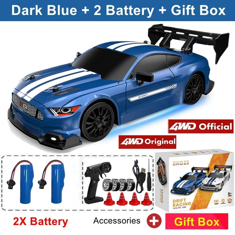 Dark blue RC drift racing car with white stripes and black rear wing, 4x4 style