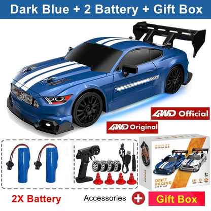 Dark blue RC drift racing car with white stripes and black rear wing, 4x4 style