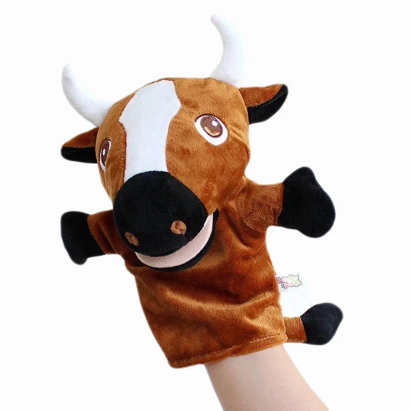 Cow finger story puppet toy with brown-and-white face, black ears, and stitched eyes.