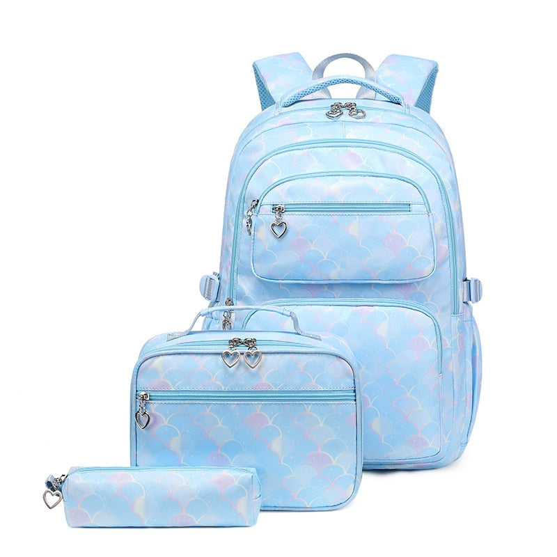Kawaii Mermaid Backpack Set – 3-Piece Set with Backpack, Pencil Case & Lunch Bag | Mermaid Scale Design | Pink, Purple, Blue & Black