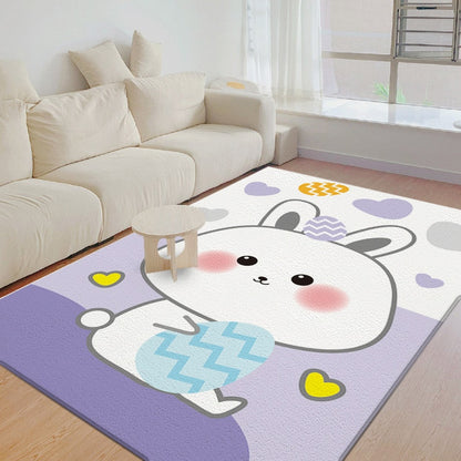 Rabbit area rug, white bunny with purple blanket and heart shapes on light ground