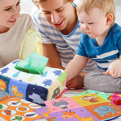 Montessori sensory tissue box toy with animal fabric panel and cloth play pages for babies