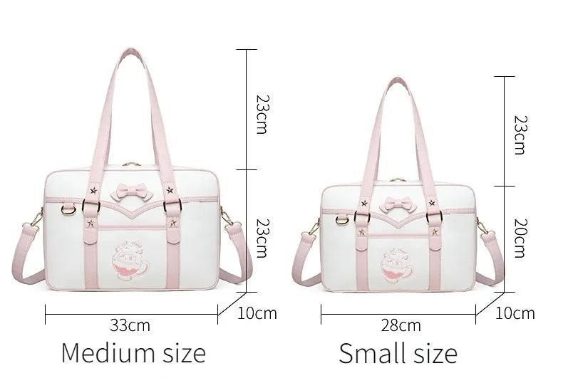 Kawaii messenger bag size chart showing medium and small dimensions and front striped design