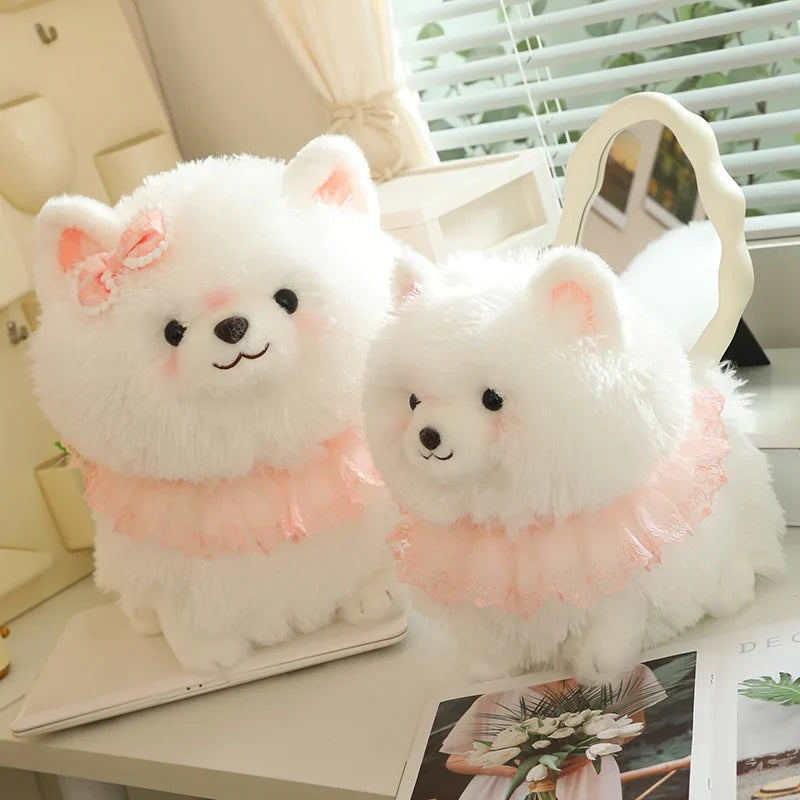 Kawaii Pretty Pomeranian Plushie – Fluffy White Dog with Pink Ruffle Collar | 31cm, 37cm & 52cm