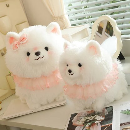 Kawaii Pretty Pomeranian Plushie – Fluffy White Dog with Pink Ruffle Collar | 31cm, 37cm & 52cm