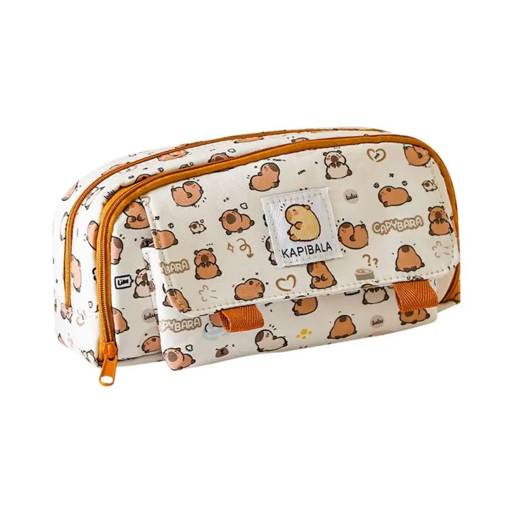 Capybara print pencil bag with front flap pocket, orange trim, and white patch label