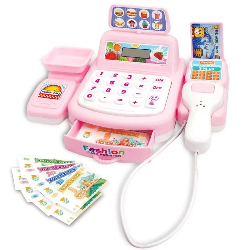 Pink electronic supermarket cash register toy with keypad, screen, and accessories